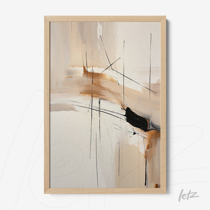 quadro abstrato com linhas pretas e traços em tons neutros, em moldura de madeira clara