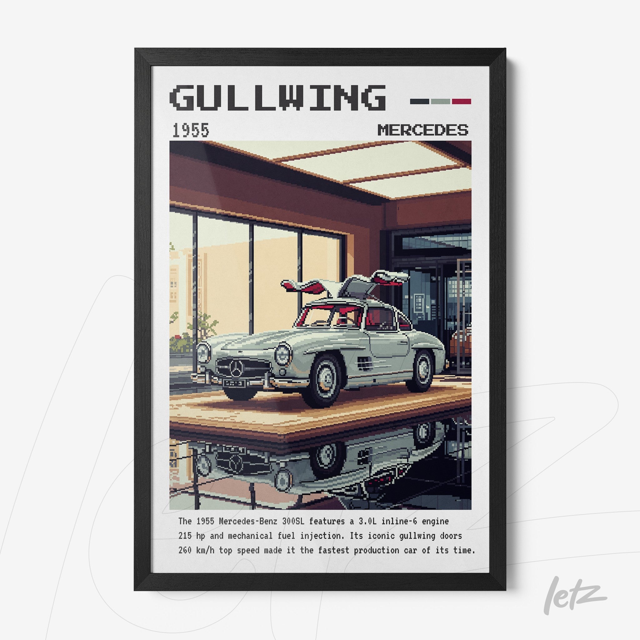 quadro com arte retro de um carro Mercedes Benz 1955 com moldura preta