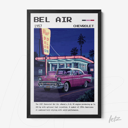quadro com ilustração vintage do carro Chevrolet Bel Air de 1957 em moldura preta