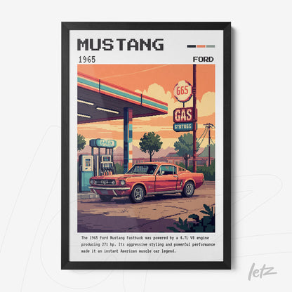 quadro com arte pixelada de um carro Ford Mustang vermelho em frente a um posto de gasolina, moldura preta e fundo com cores vibrantes