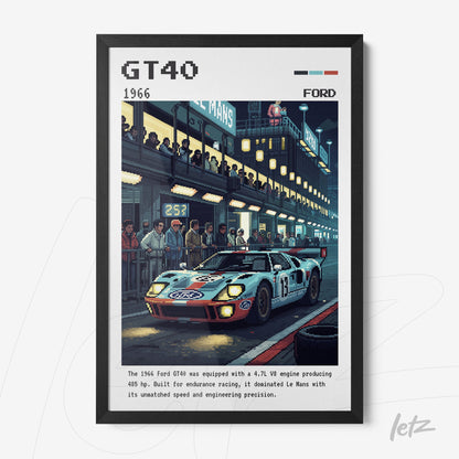 quadro com arte digital retrô de um carro Ford GT40 em pista de corrida com detalhes de torcida e iluminação noturna, moldura preta