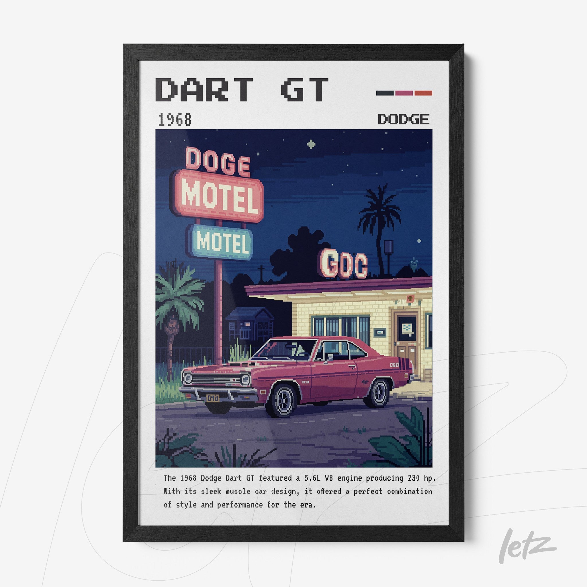 quadro com arte digital retrô de um carro Dodge Dart GT de 1968 em frente a um motel vintage, moldura preta