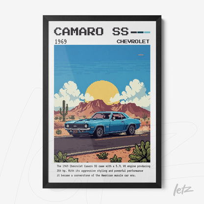 quadro com arte digital do Chevrolet Camaro SS 1969 em moldura preta fina