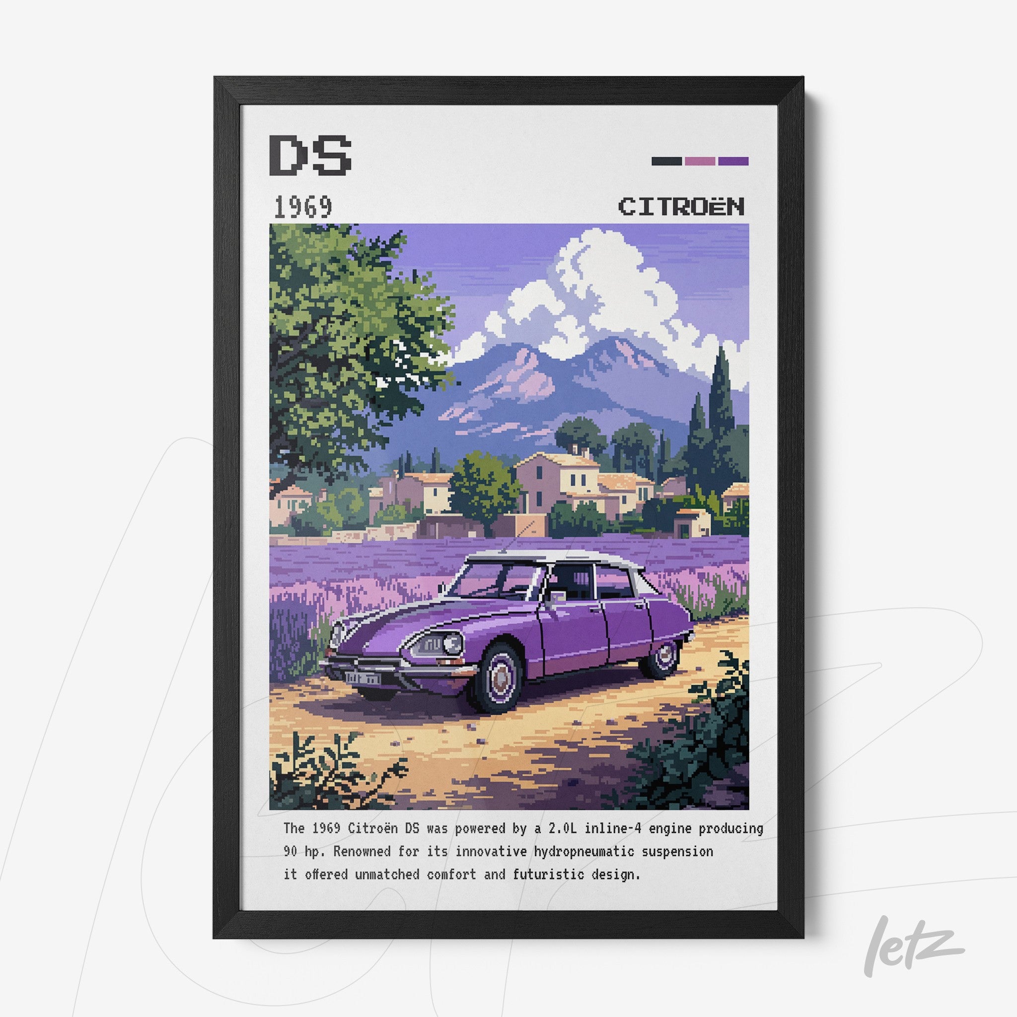 quadro com arte pixelada de um Citroën DS roxo em um cenário rural com montanhas ao fundo, moldura preta