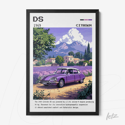 quadro com arte pixelada de um Citroën DS roxo em um cenário rural com montanhas ao fundo, moldura preta