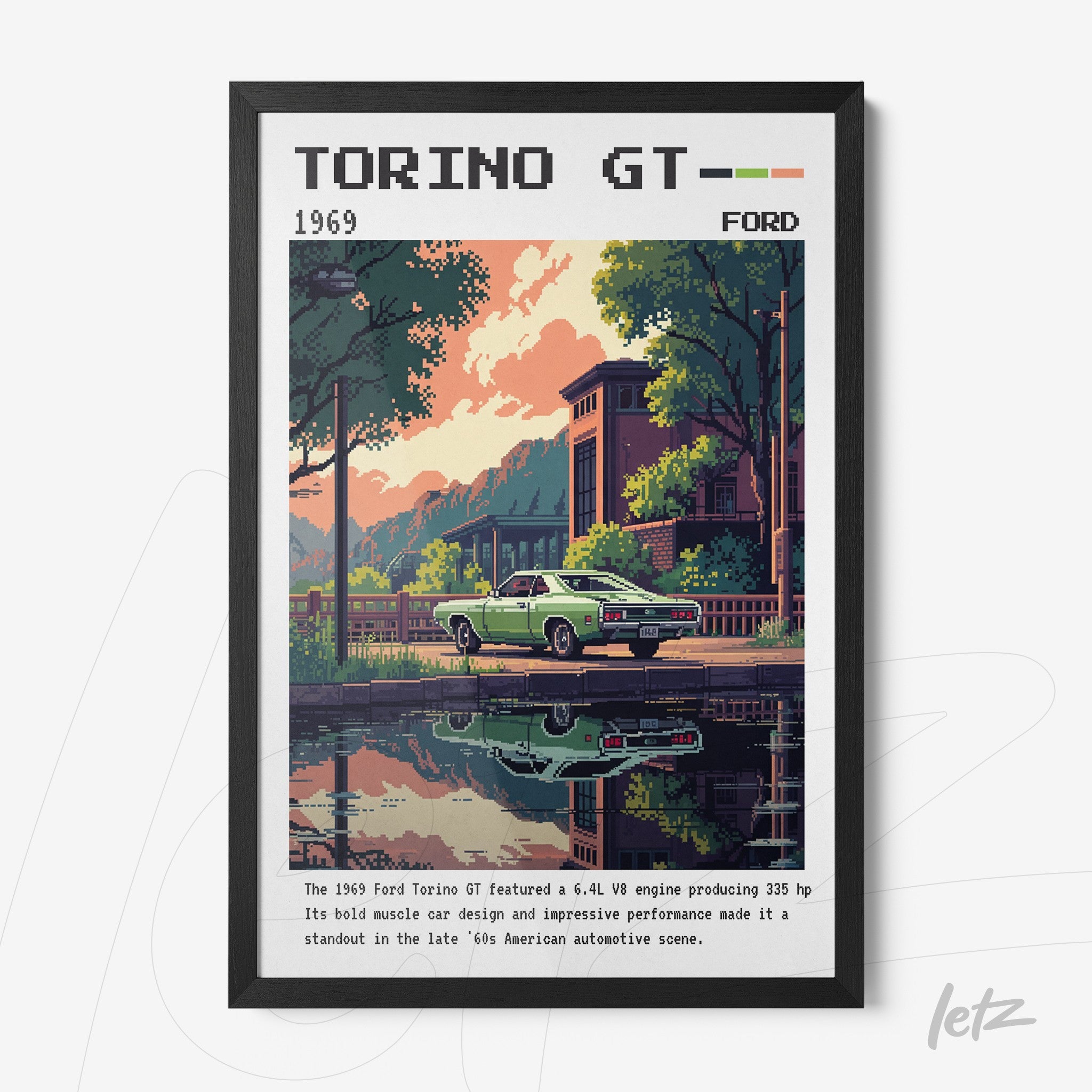 quadro com arte digital do carro Ford Torino GT de 1969 em frente a um lago refletindo prédios e árvores em estilo retrô