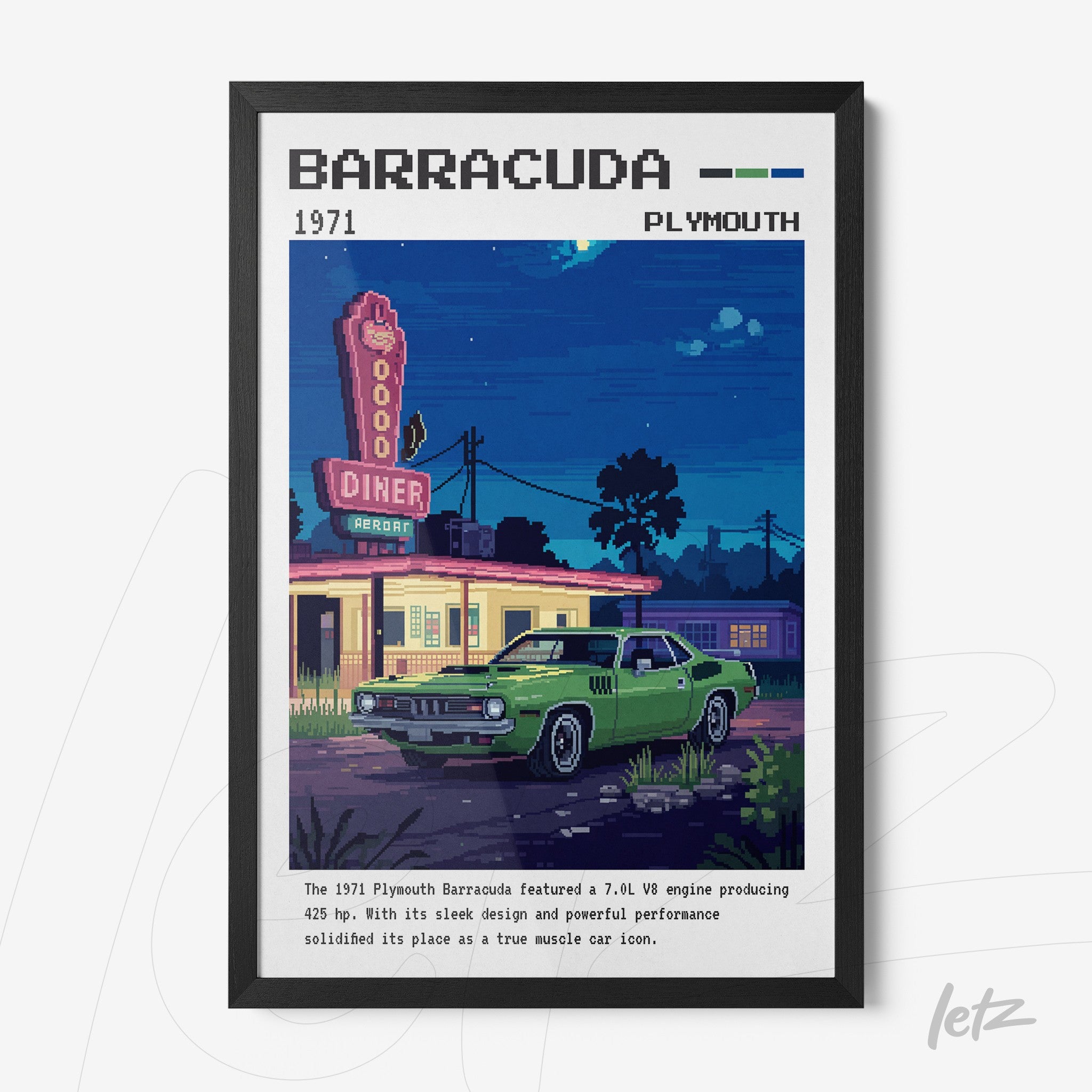 quadro em moldura preta com arte digital de um carro Plymouth Barracuda verde em estilo retrô, com um diner ao fundo