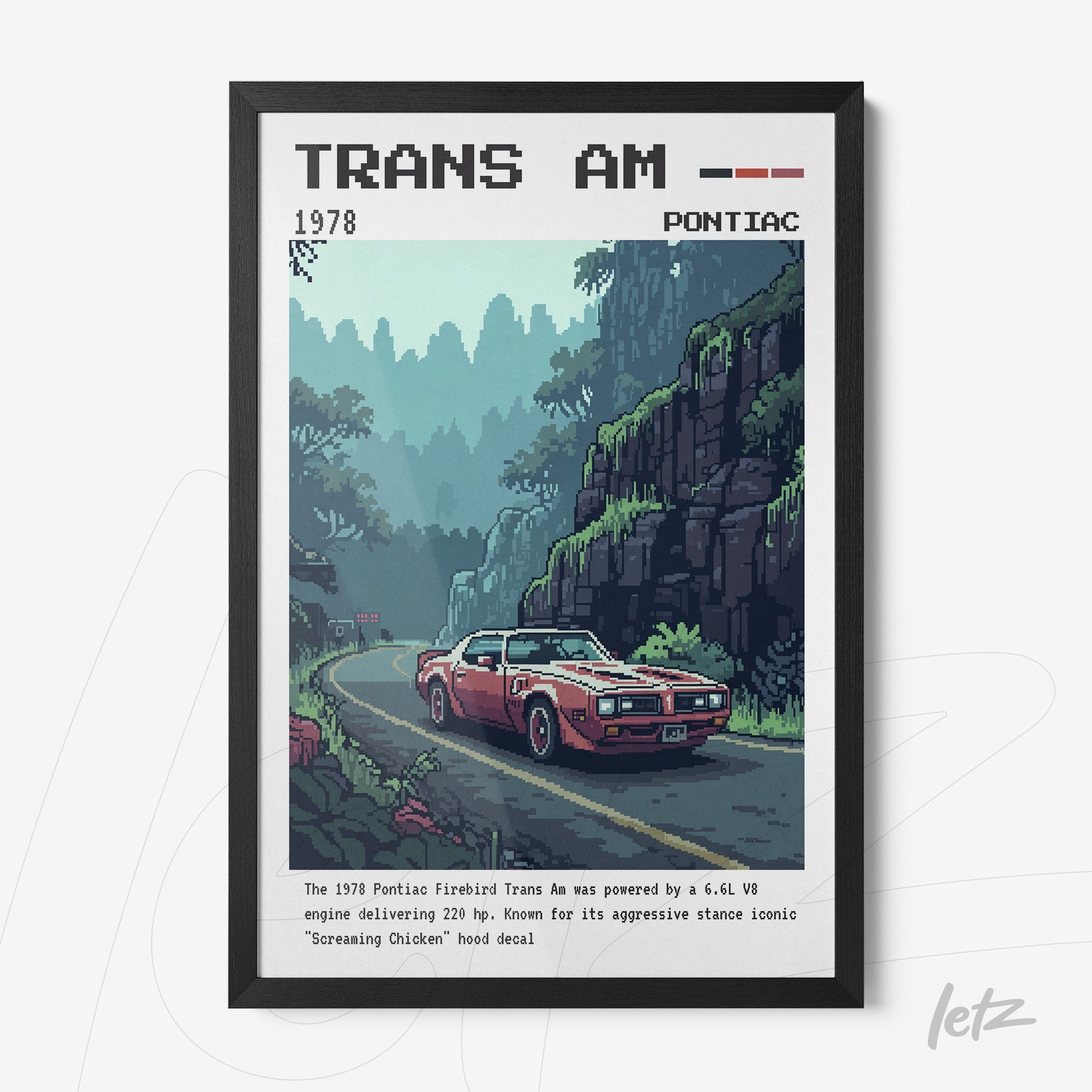 quadro com arte pixelada de um carro Pontiac Trans Am vermelho na estrada entre montanhas verdes em moldura preta