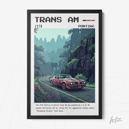 quadro com arte pixelada de um carro Pontiac Trans Am vermelho na estrada entre montanhas verdes em moldura preta