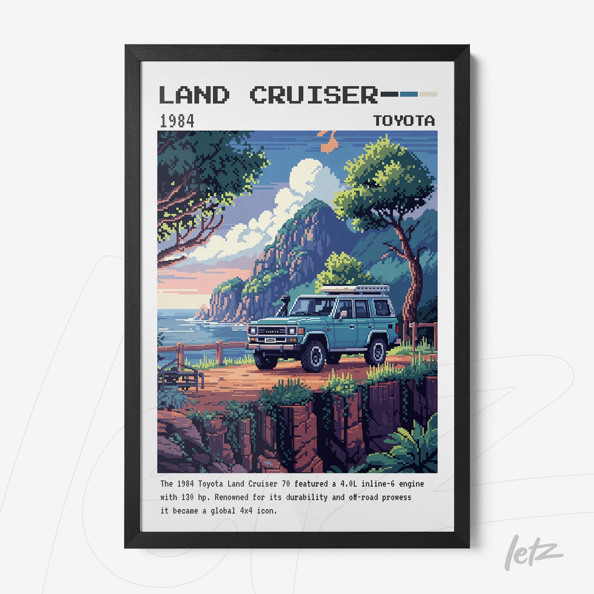 quadro com ilustração retrô do Toyota Land Cruiser 1984 em moldura preta