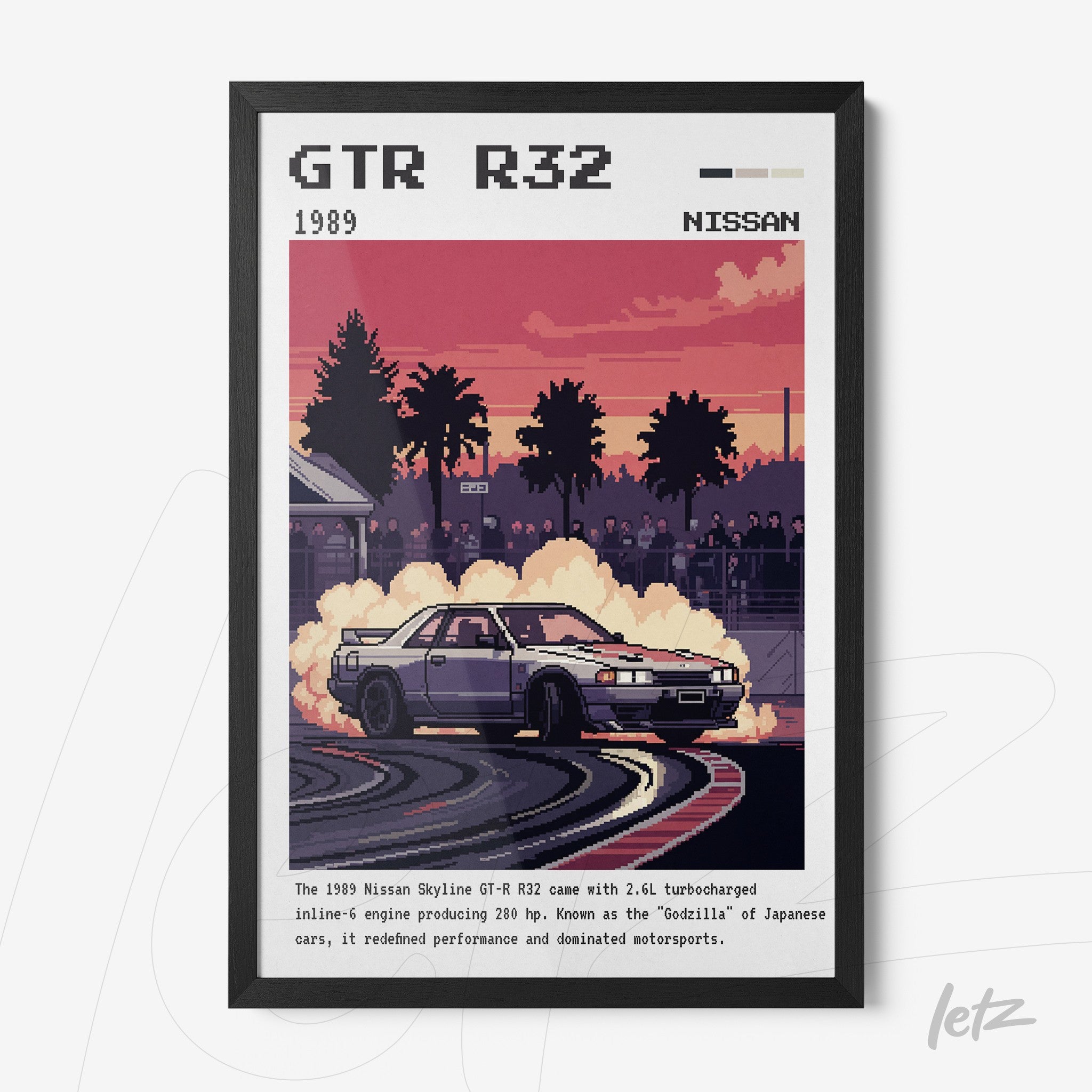 quadro com arte digital do carro Nissan Skyline GTR R32 em um fundo de paisagem urbana com cores vibrantes e moldura preta