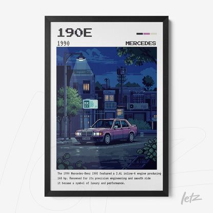 quadro com arte pixelada de um carro Mercedes-Benz 190E em um ambiente noturno com iluminação de rua, moldura preta