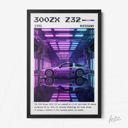 quadro com arte digital de um carro esportivo Nissan 300ZX Z32 em fundo neon colorido