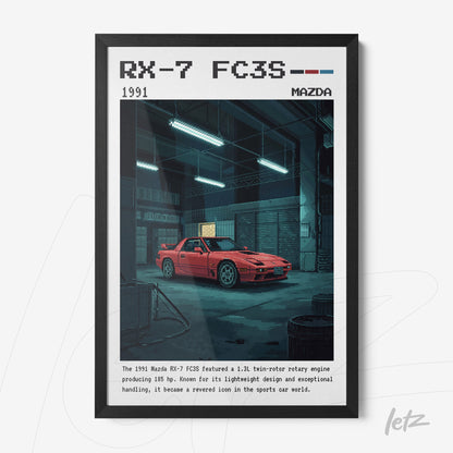 quadro decorativo com arte digital do carro Mazda RX-7 FC3S em fundo escuro, moldura preta