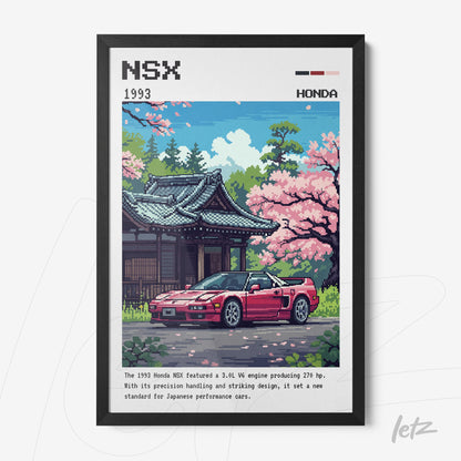 quadro com arte pixelada do carro Honda NSX em frente a um templo japonês com flores de cerejeira