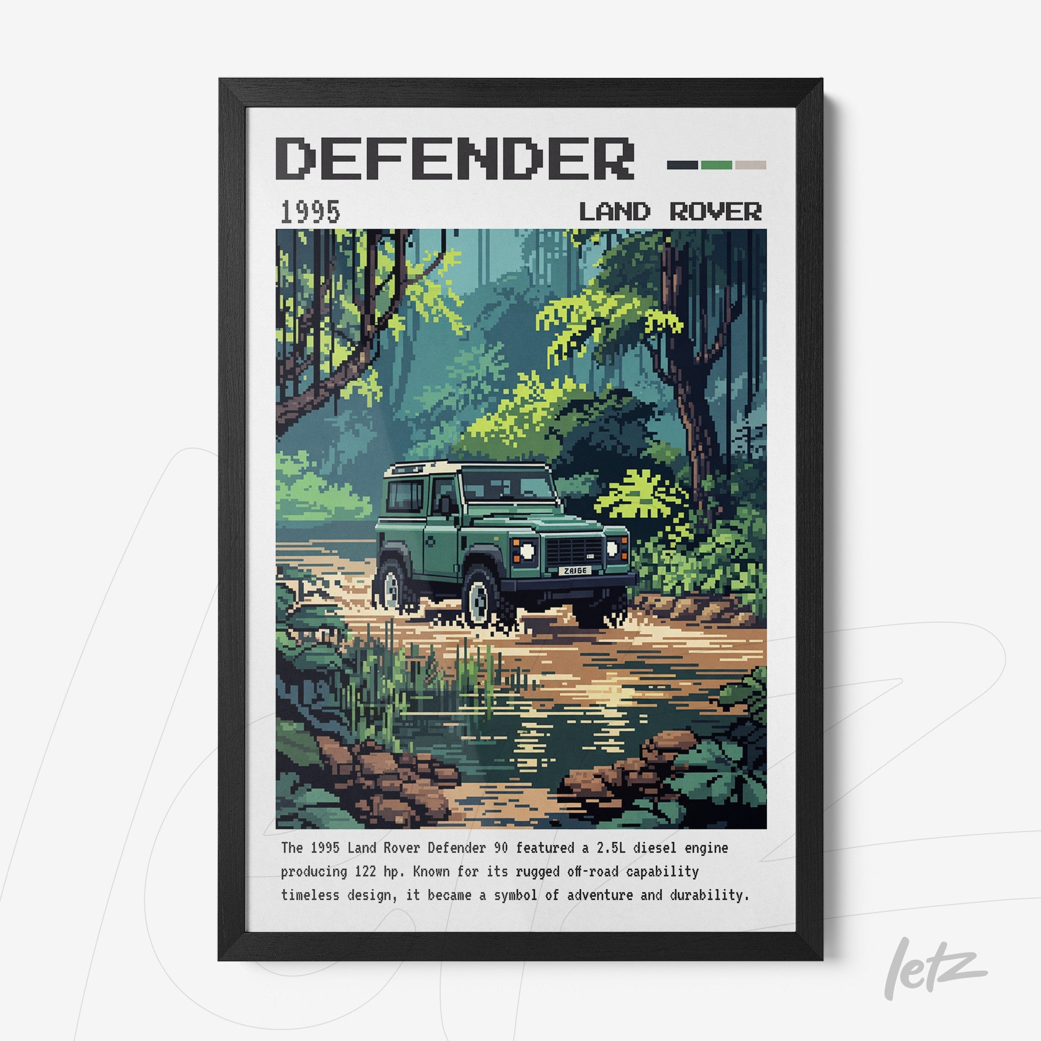 quadro com arte pixelada de um Land Rover Defender 1995 em uma paisagem natural com árvores e água