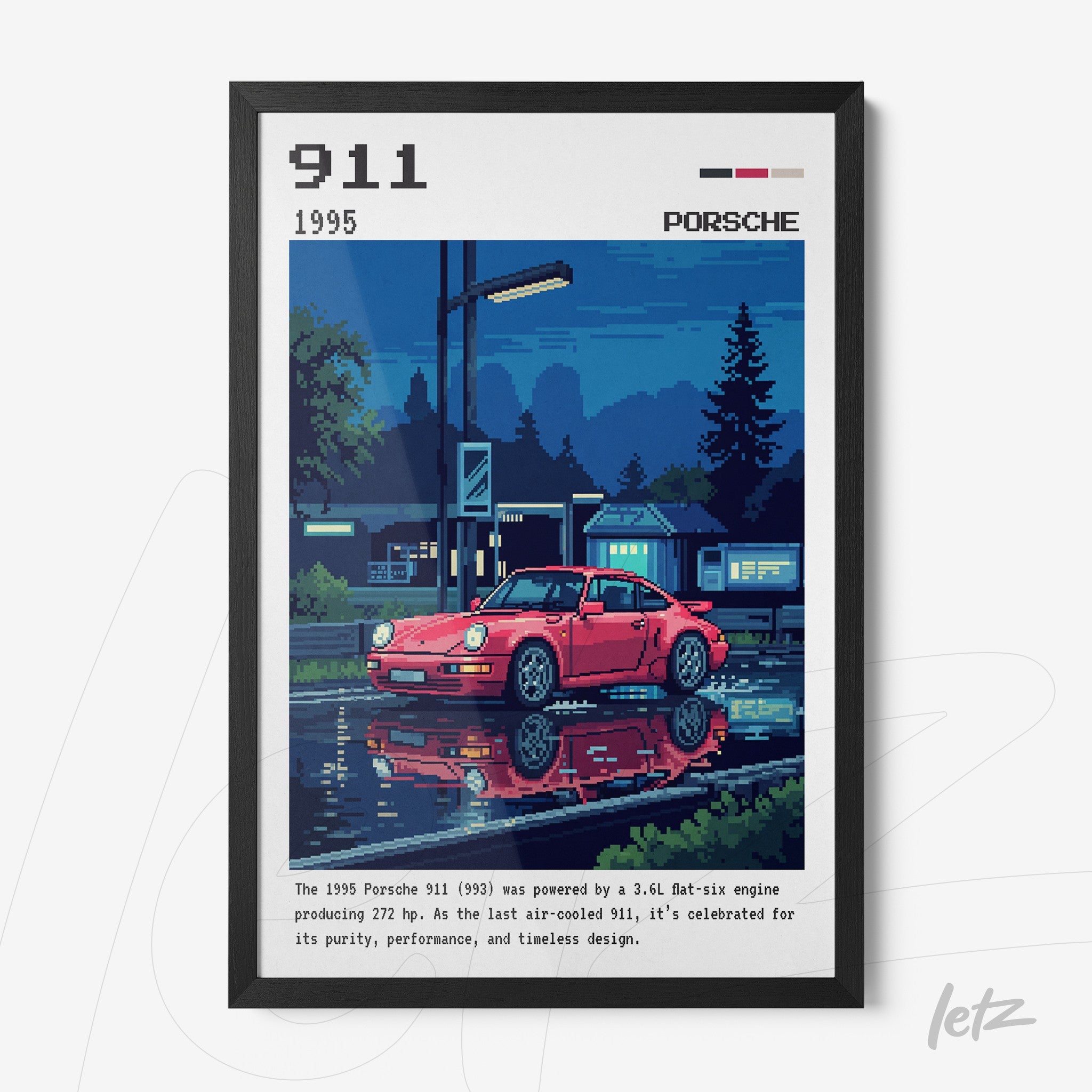 quadro com ilustração retro de carro Porsche 911 emoldurado com detalhes em azul e um fundo urbano noturno refletido na água