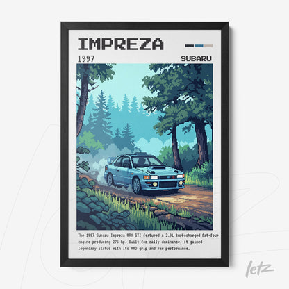 quadro emoldurado com arte pixelada do Subaru Impreza 1997 em uma paisagem verdejante