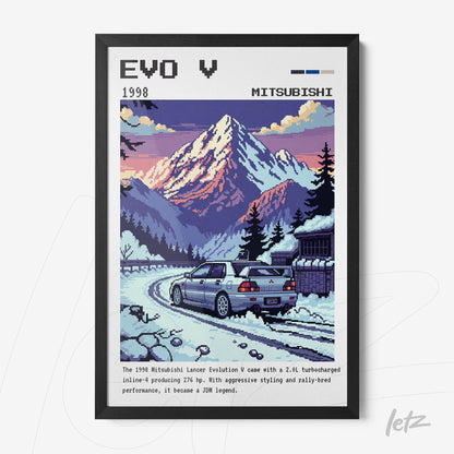 quadro com arte nostálgica de carro Mitsubishi Lancer Evolution V em estilo pixel art com moldura preta