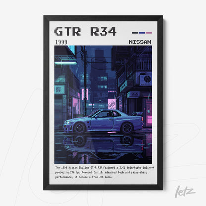 quadro com arte digital de um carro Nissan Skyline GTR R34 em ambiente urbano noturno, moldura preta