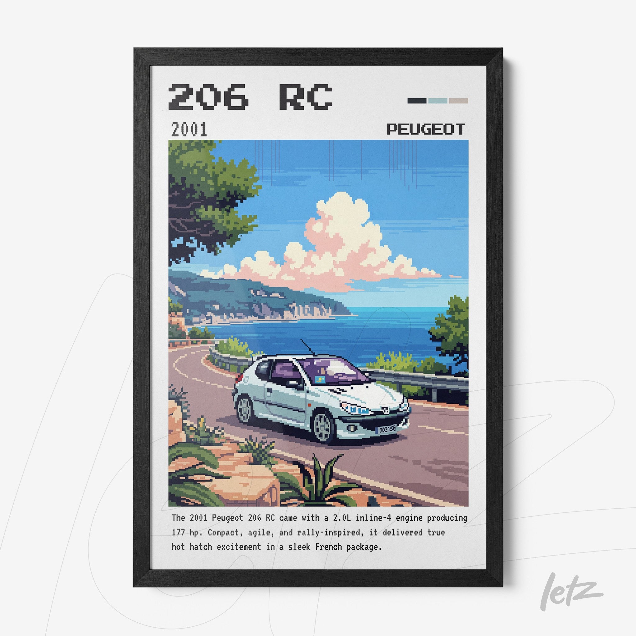 quadro com arte pixelada do carro Peugeot 206 RC em estrada costeira, rodeado por vegetação, em moldura preta