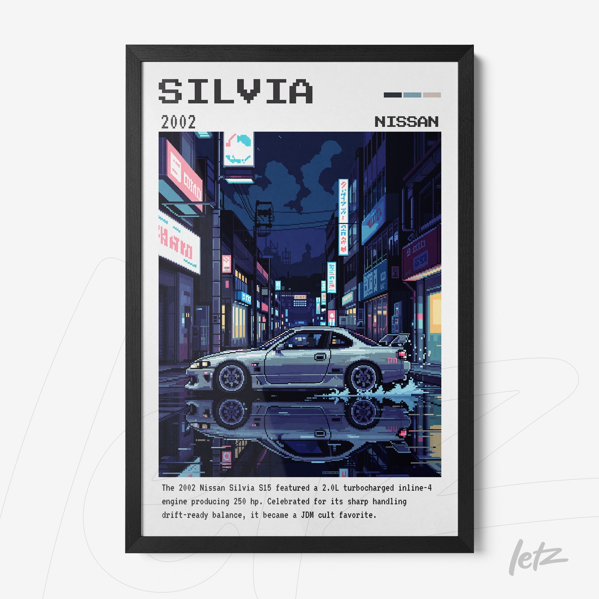 quadro emoldurado com arte pixelada do carro Nissan Silvia 2002 em uma cena noturna urbana