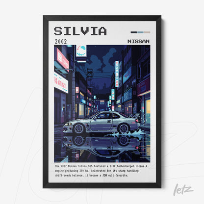 quadro emoldurado com arte pixelada do carro Nissan Silvia 2002 em uma cena noturna urbana