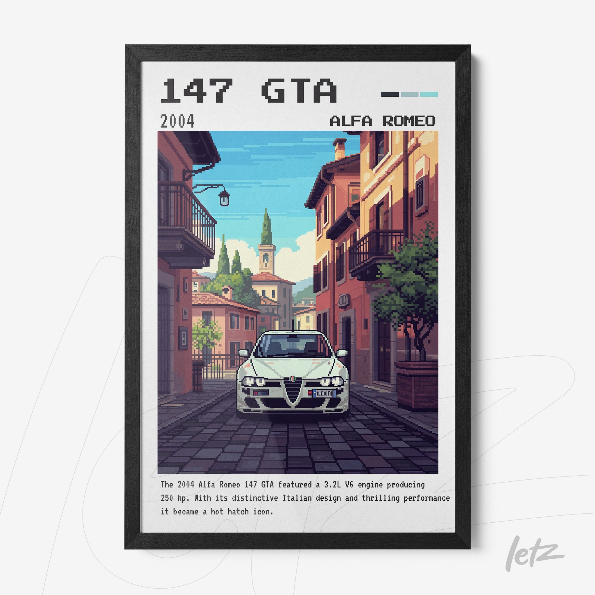 quadro com arte digital retrô de um Alfa Romeo 147 GTA em uma rua italiana, moldura preta