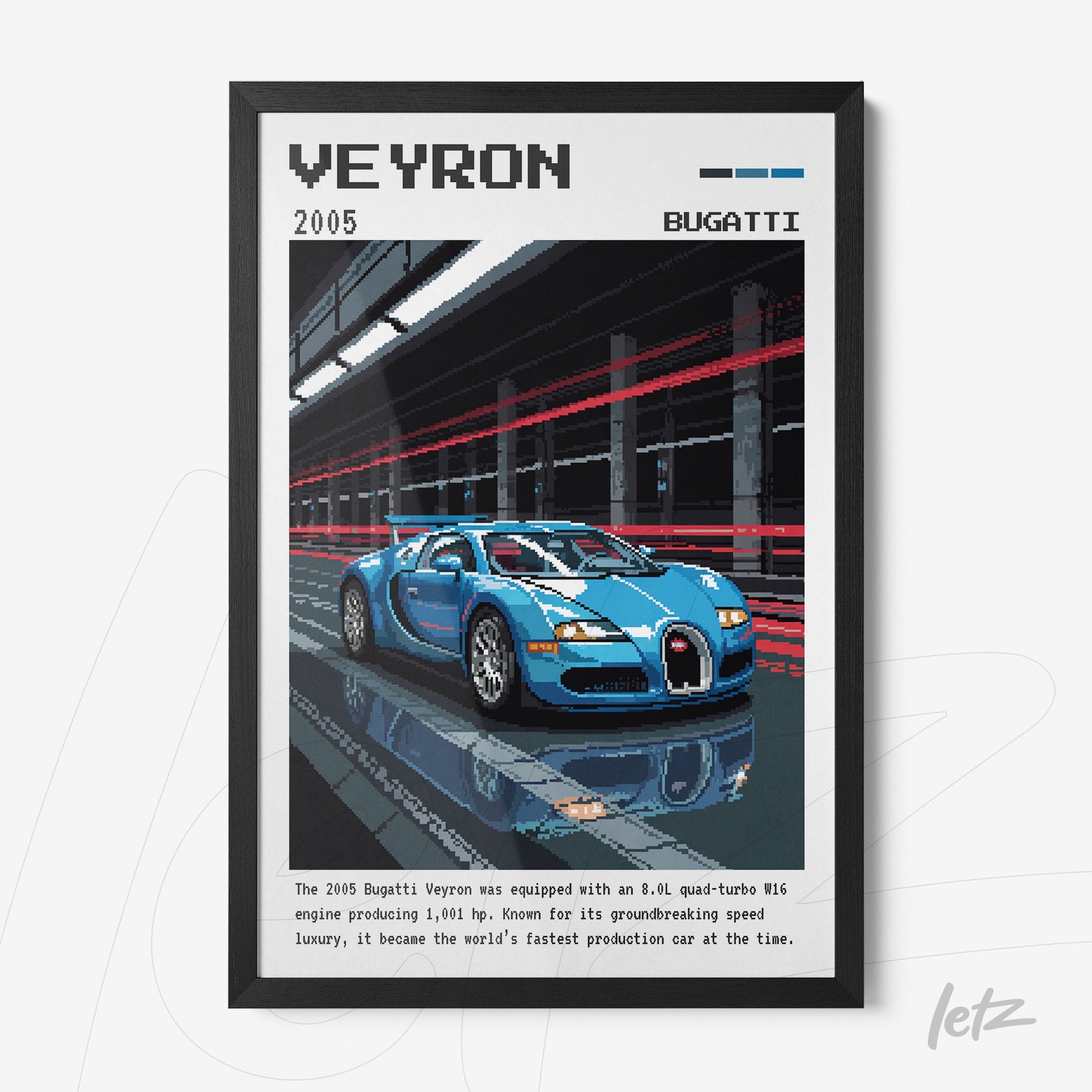 quadro com arte digital de um carro Bugatti Veyron estilizado com pixel art em moldura preta
