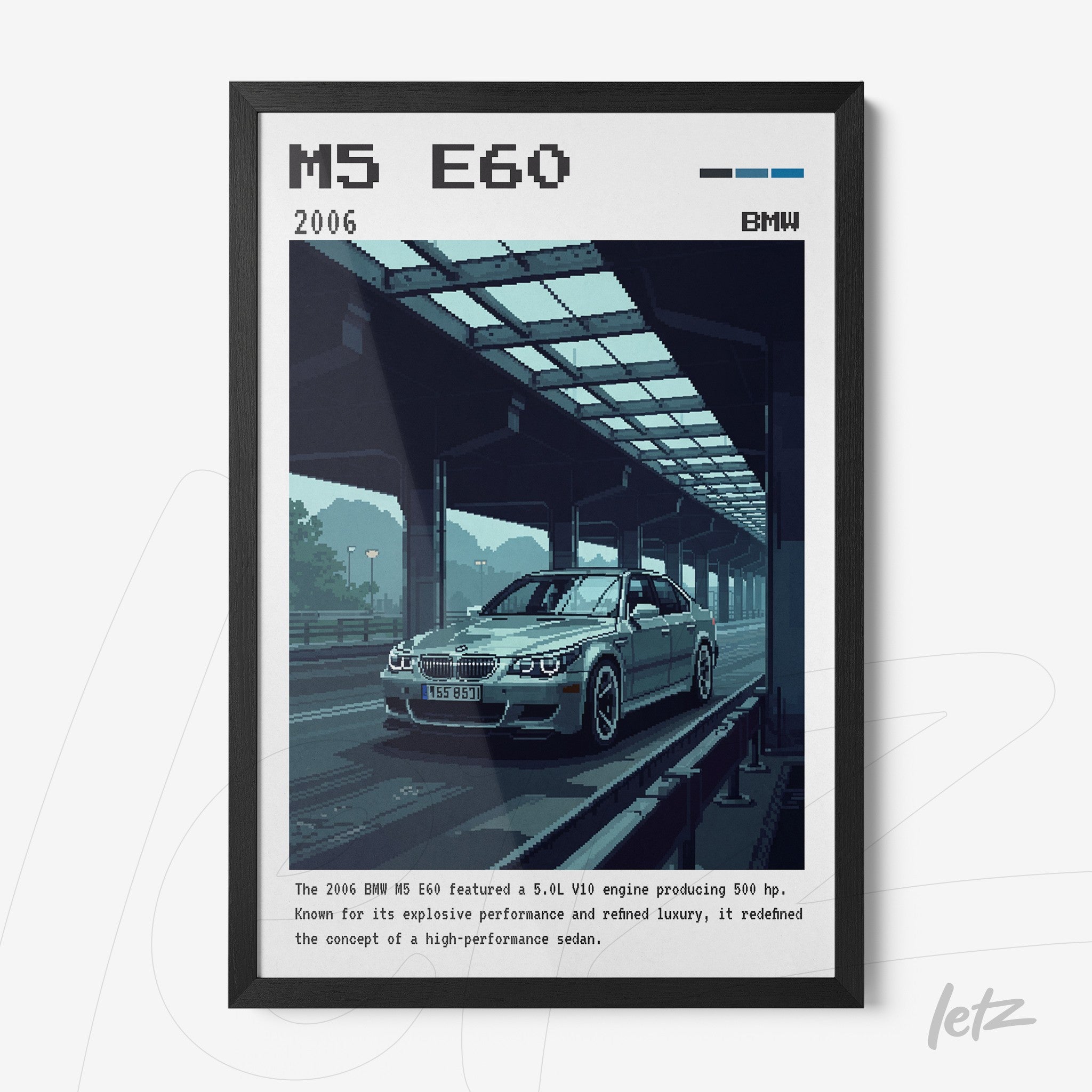 quadro com arte digital do carro BMW M5 E60 de 2006 em moldura preta