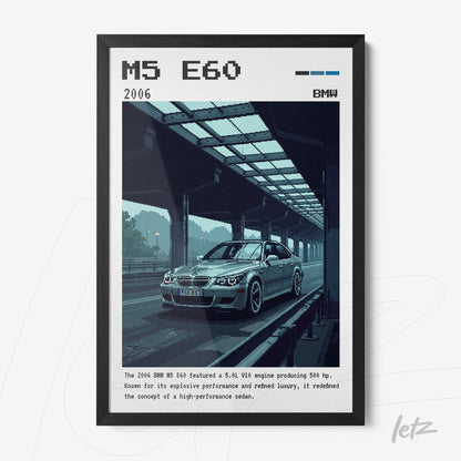 quadro com arte digital do carro BMW M5 E60 de 2006 em moldura preta