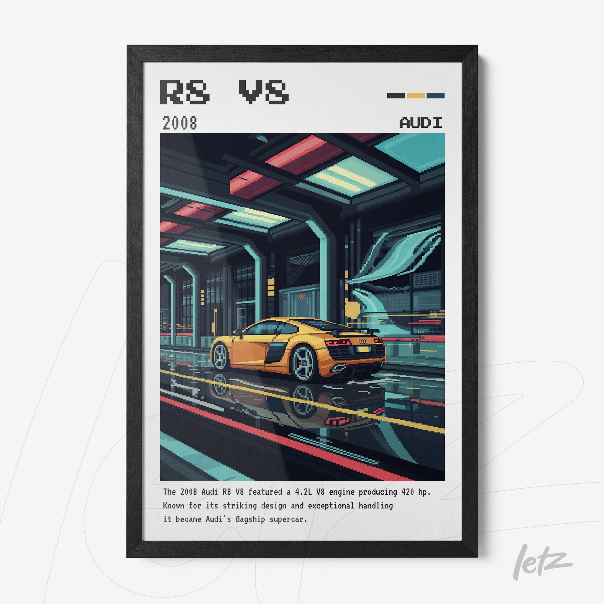 quadro em moldura preta com arte pixelada de um carro Audi R8 amarelo em ambiente futurista