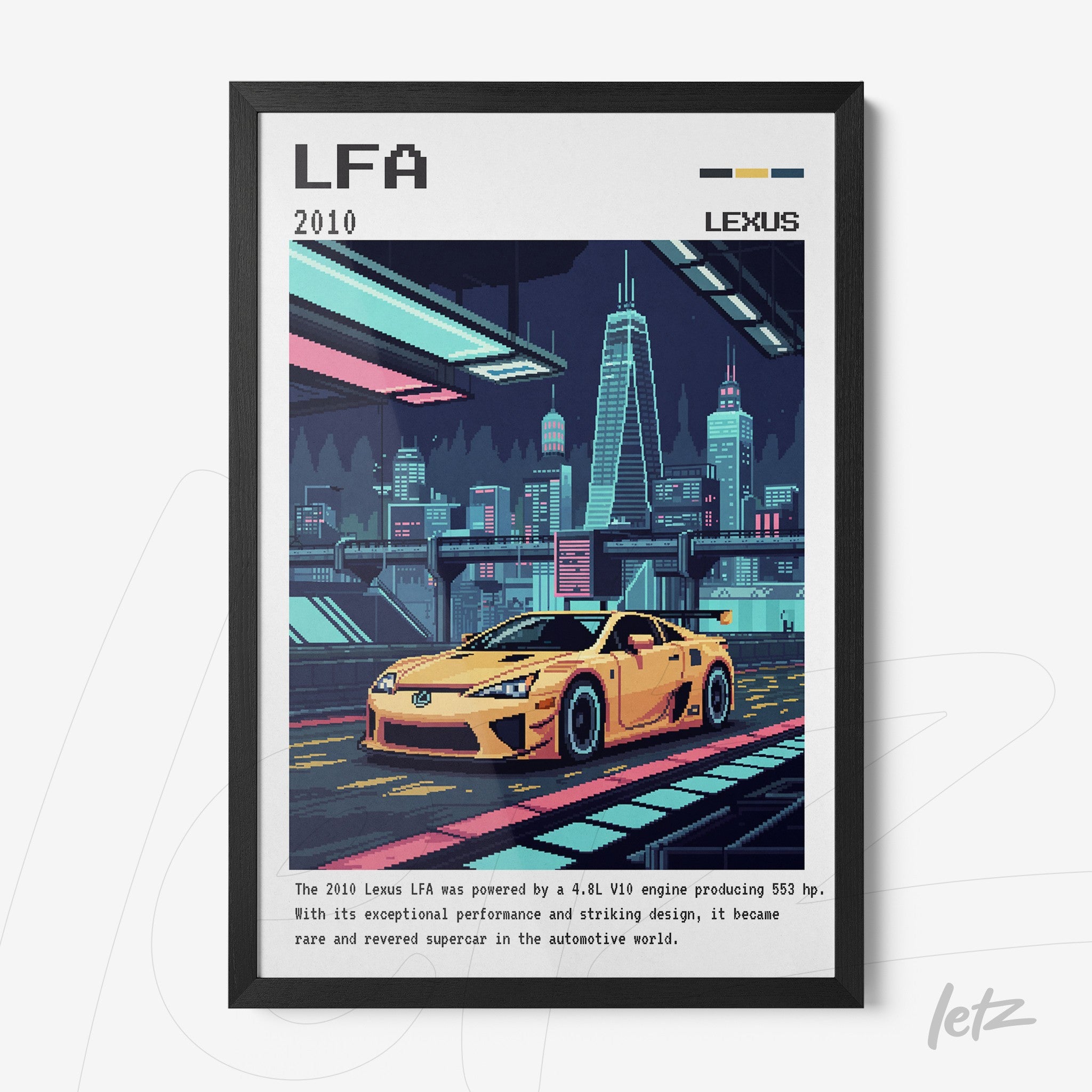 quadro com arte digital do carro Lexus LFA em estilo pixel art com moldura preta