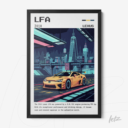 quadro com arte digital do carro Lexus LFA em estilo pixel art com moldura preta