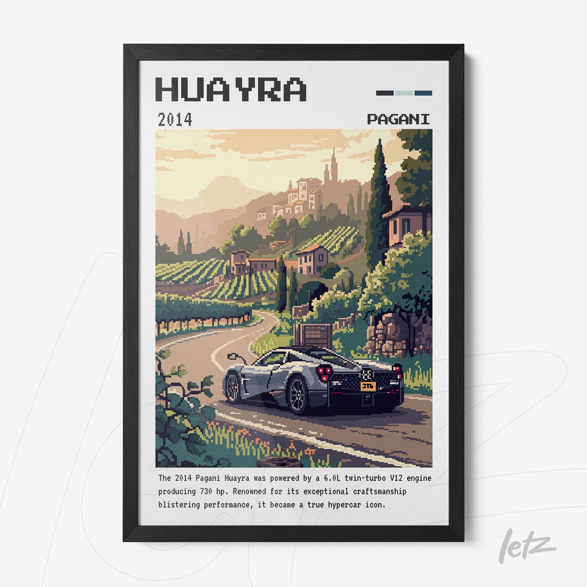 quadro com arte em pixel do carro Pagani Huayra em um cenário montanhoso com vinhedos ao fundo e moldura preta