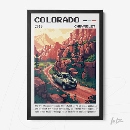 quadro em old school com ilustração de caminhonete Chevrolet Colorado em estrada montanhosa com estilo retrô