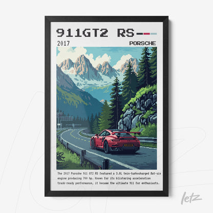quadro com arte digital do carro Porsche 911 GT2 RS com montanhas ao fundo em moldura preta