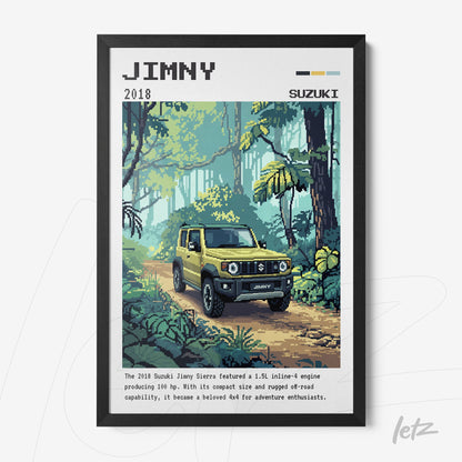 quadro com arte pixelada do carro Suzuki Jimny 2018 em meio a uma floresta tropical, moldura preta