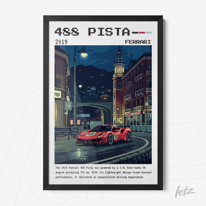 quadro com arte pixelada do carro Ferrari 488 Pista em uma rua urbana à noite, moldura preta