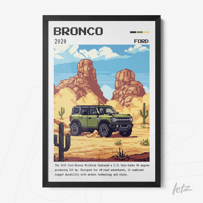 quadro com arte pixelada do Ford Bronco 2020 em moldura preta, cenário de deserto com montanhas ao fundo e cactos