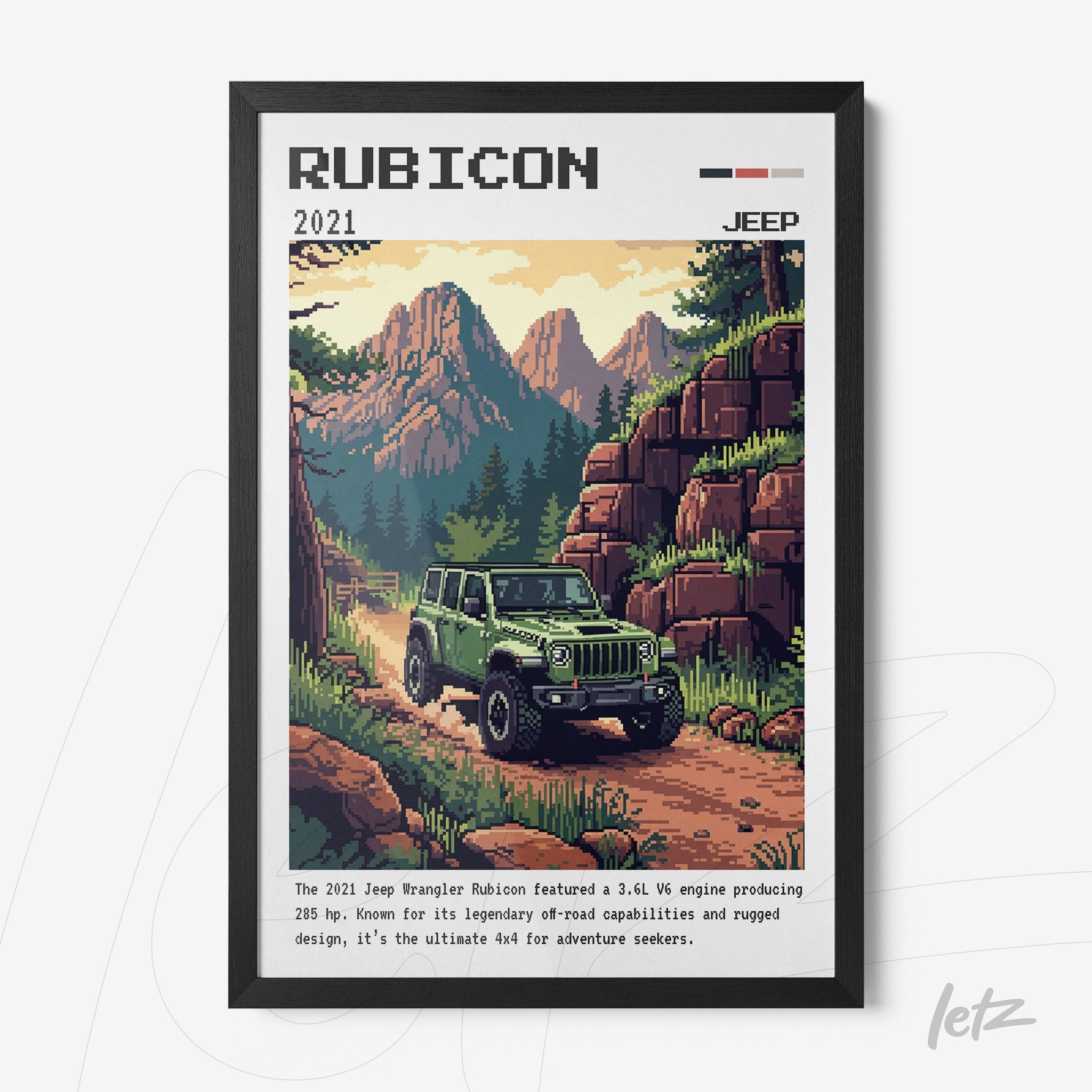 quadro com arte de estilo retrô de um jeep Rubicon verde em uma estrada de montanha com moldura preta