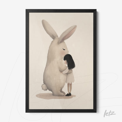 quadro com ilustração de uma menina abraçando um coelho grande em um fundo neutro, moldura preta
