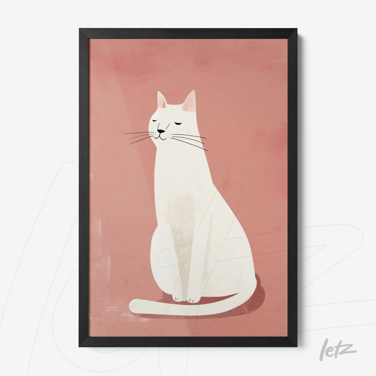 quadro com ilustração de gato branco sobre fundo rosa em moldura preta