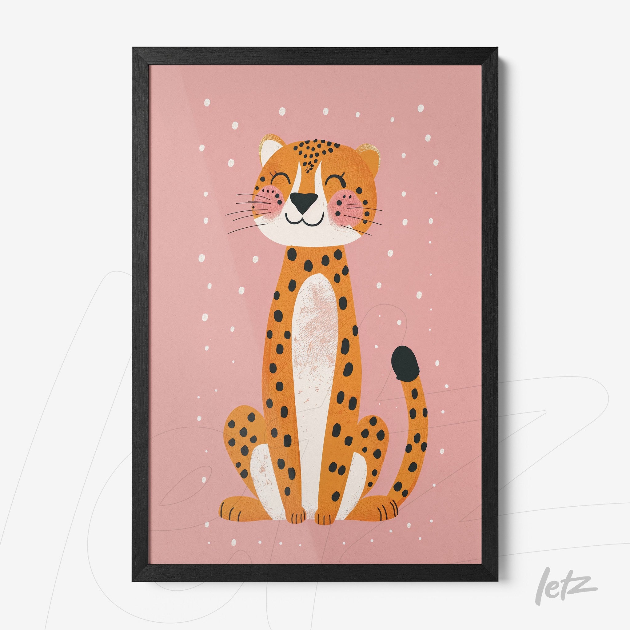 quadro com ilustração de um leopardo sorridente em fundo rosa com moldura preta