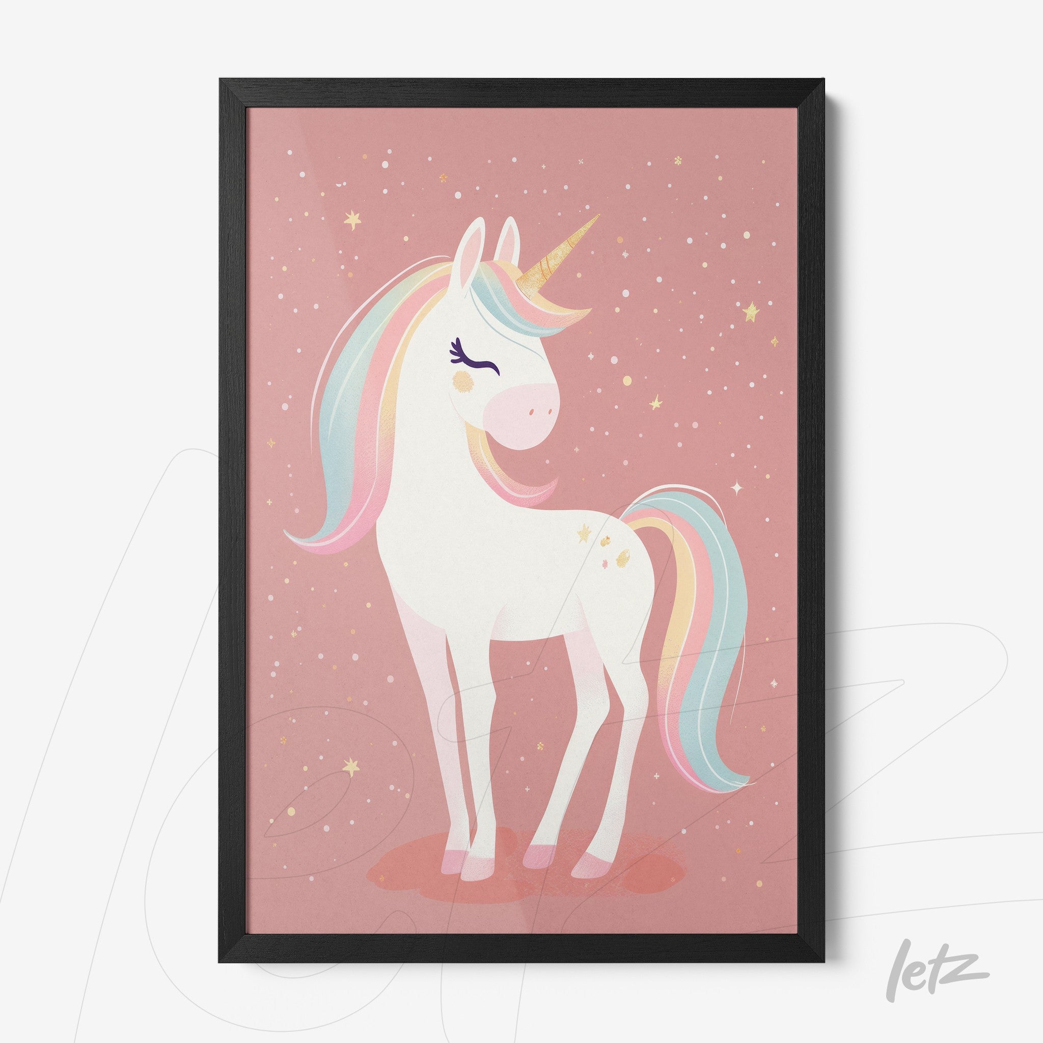 quadro com arte digital de um unicórnio em fundo rosa claro com estrelas