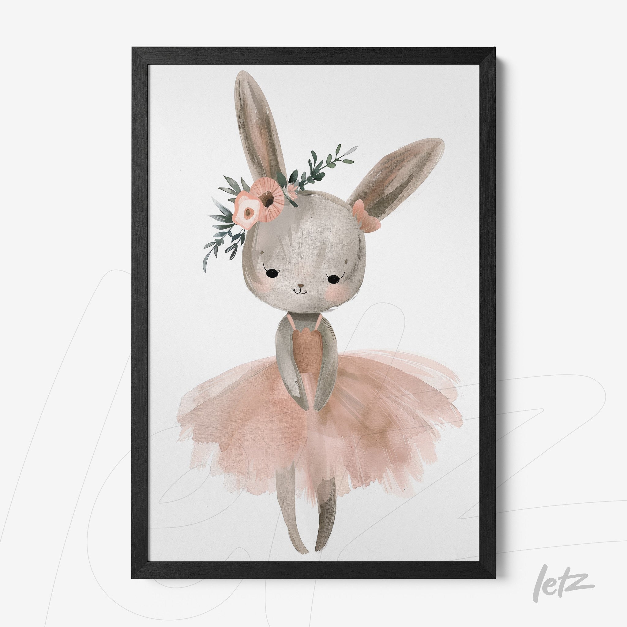 quadro com arte de coelho vestindo tutu rosa e flor na cabeça em moldura preta