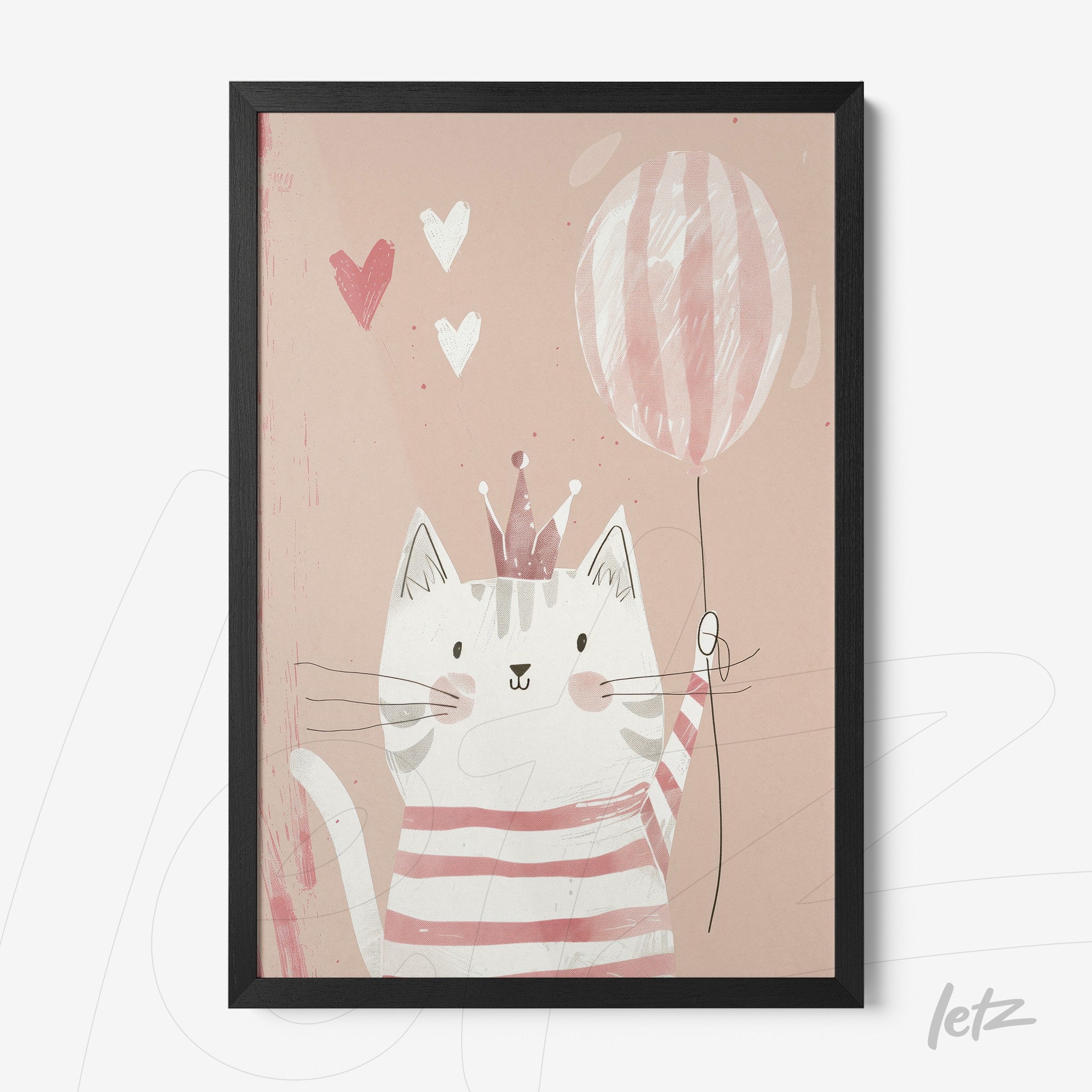 quadro com ilustração de gato sorridente vestindo listras rosa e branco segurando um balão, moldura preta