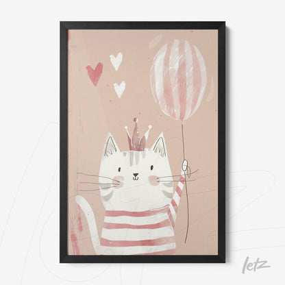 quadro com ilustração de gato sorridente vestindo listras rosa e branco segurando um balão, moldura preta