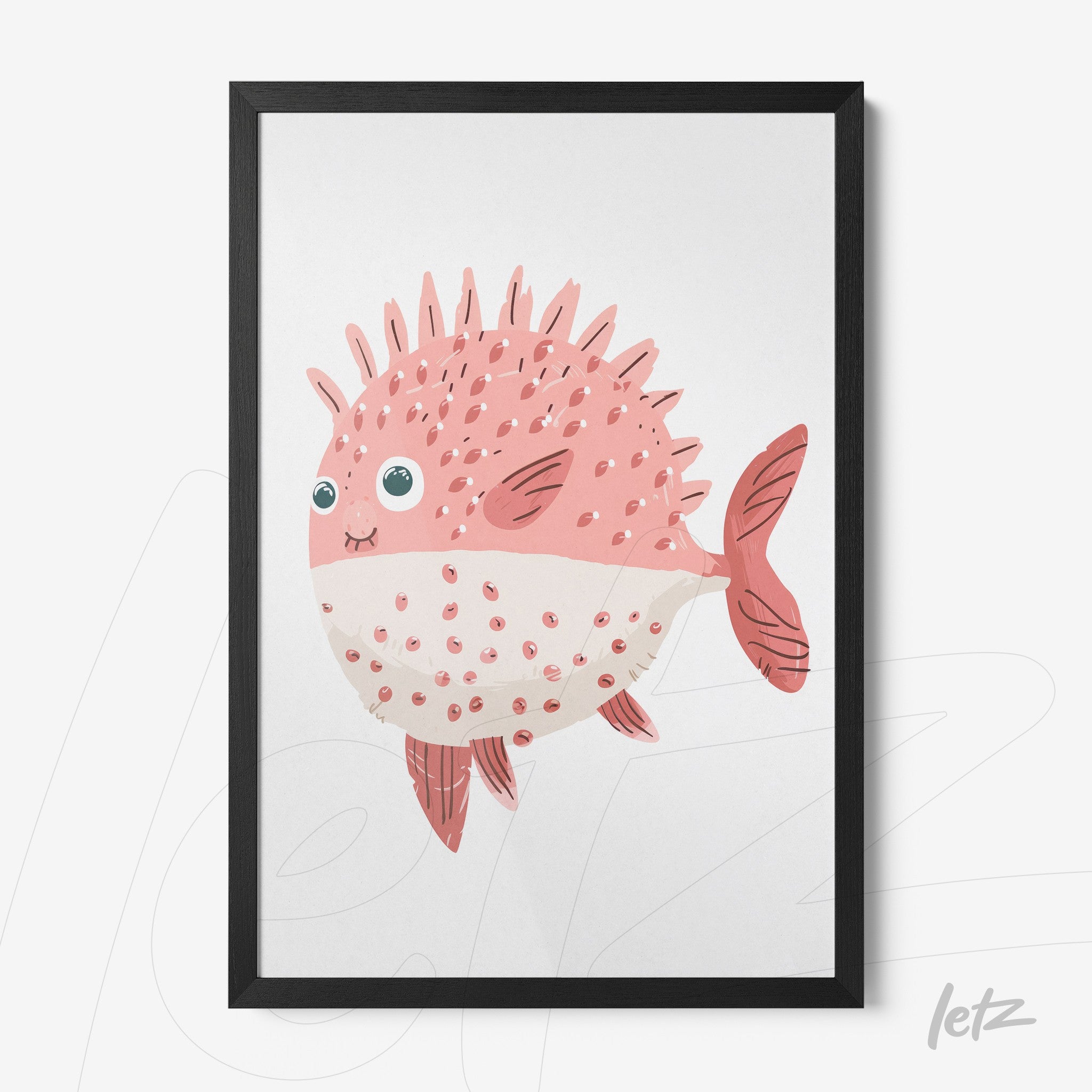 quadro com arte infantil de peixe rosa com espinhos em moldura preta