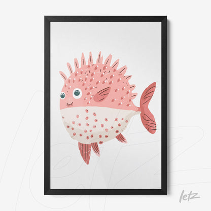 quadro com arte infantil de peixe rosa com espinhos em moldura preta